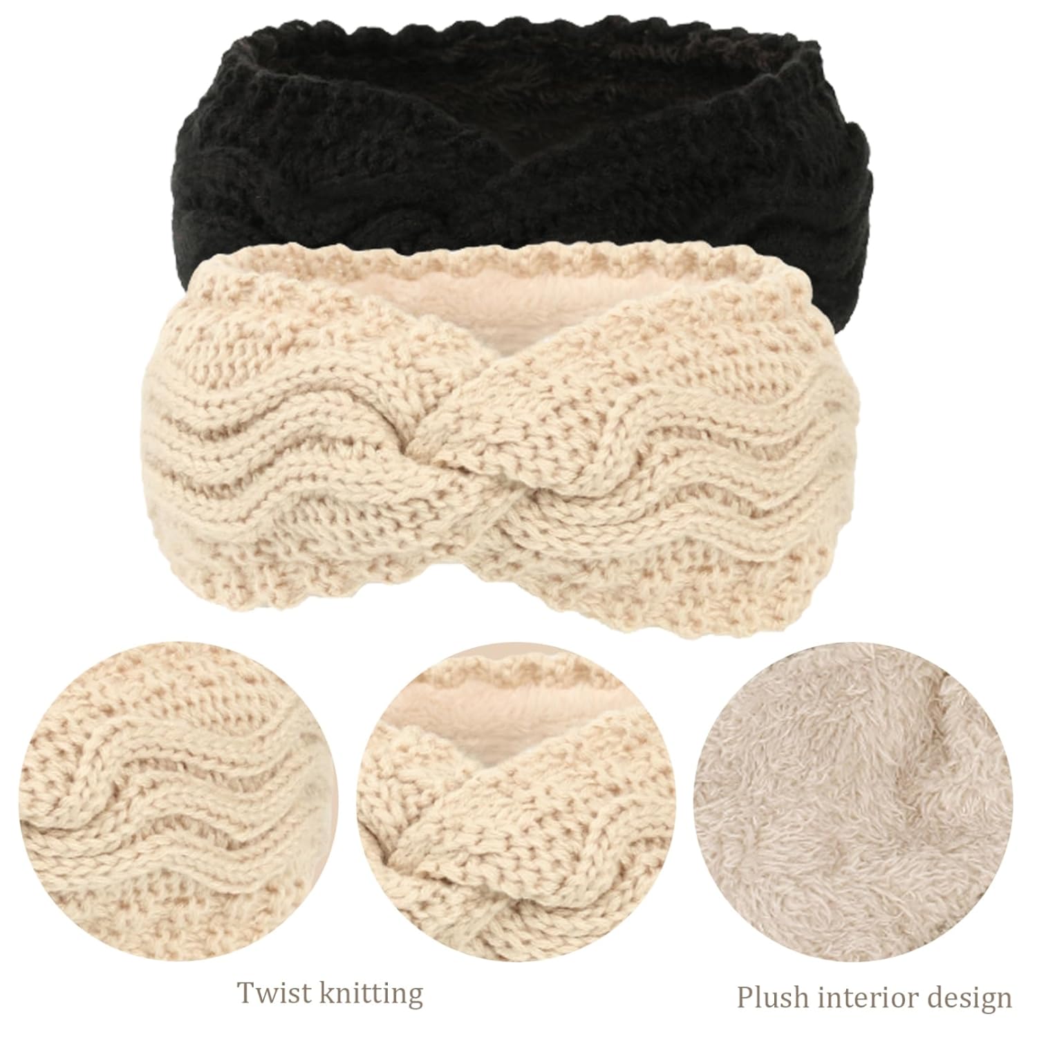 Winter Knitted Ear Warmers Headband - Beige and Black - Warm - One Size - 2 Pack V1258-DP02-BOL-653