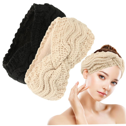Winter Knitted Ear Warmers Headband - Beige and Black - Warm - One Size - 2 Pack V1258-DP02-BOL-653