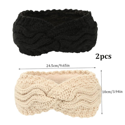 Winter Knitted Ear Warmers Headband - Beige and Black - Warm - One Size - 2 Pack V1258-DP02-BOL-653