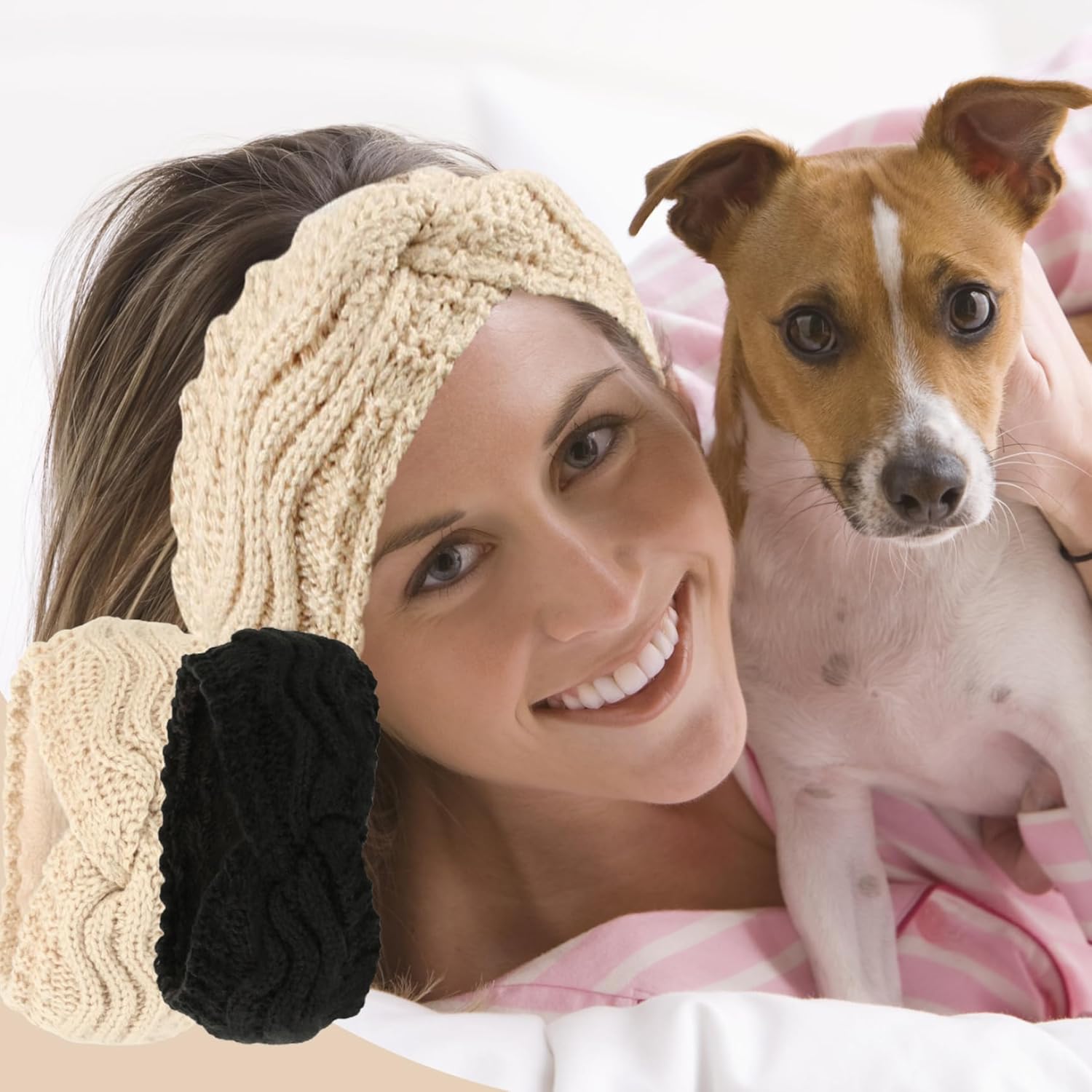 Winter Knitted Ear Warmers Headband - Beige and Black - Warm - One Size - 2 Pack V1258-DP02-BOL-653