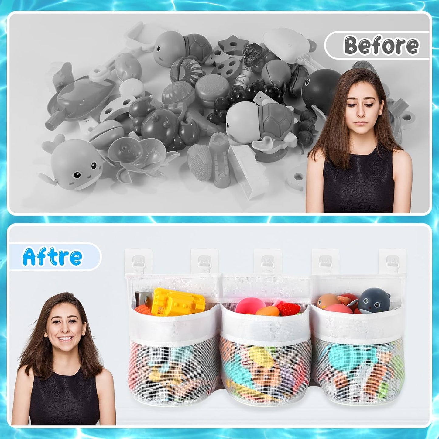 Bathroom Storage Bag with Three Compartments - Bath Toy Organizer - 23.8x9.8x4.7 Inch - White V1258-DP02-BOL-709