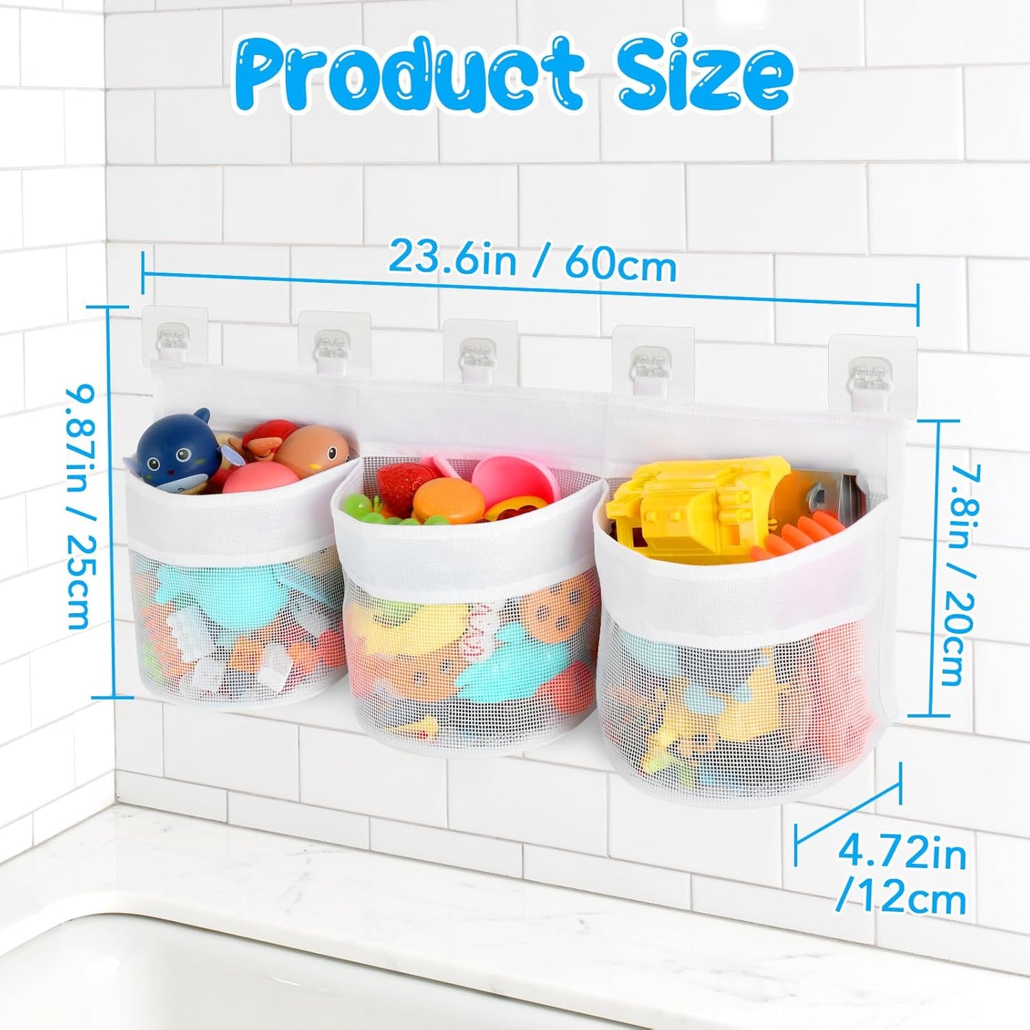 Bathroom Storage Bag with Three Compartments - Bath Toy Organizer - 23.8x9.8x4.7 Inch - White V1258-DP02-BOL-709