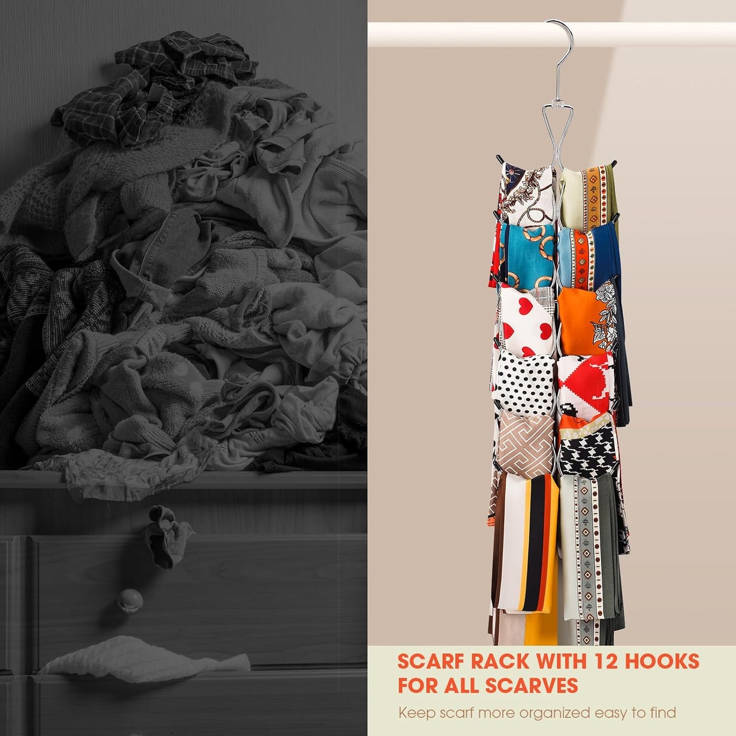 12 Hook 360 degrees Rotating Multifunctional Hanger for Scarves Bags Hats - Silver Closet Organizer V1258-DP02-BOL-724