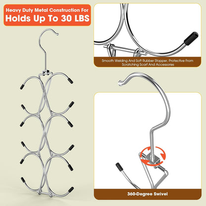 12 Hook 360 degrees Rotating Multifunctional Hanger for Scarves Bags Hats - Silver Closet Organizer V1258-DP02-BOL-724