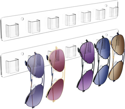 Wall Mounted Sunglasses Organizer Set of 2 Acrylic Rack Holds 14 Glasses No Drill Hanging System Transparent V1258-DP02-BOL-739