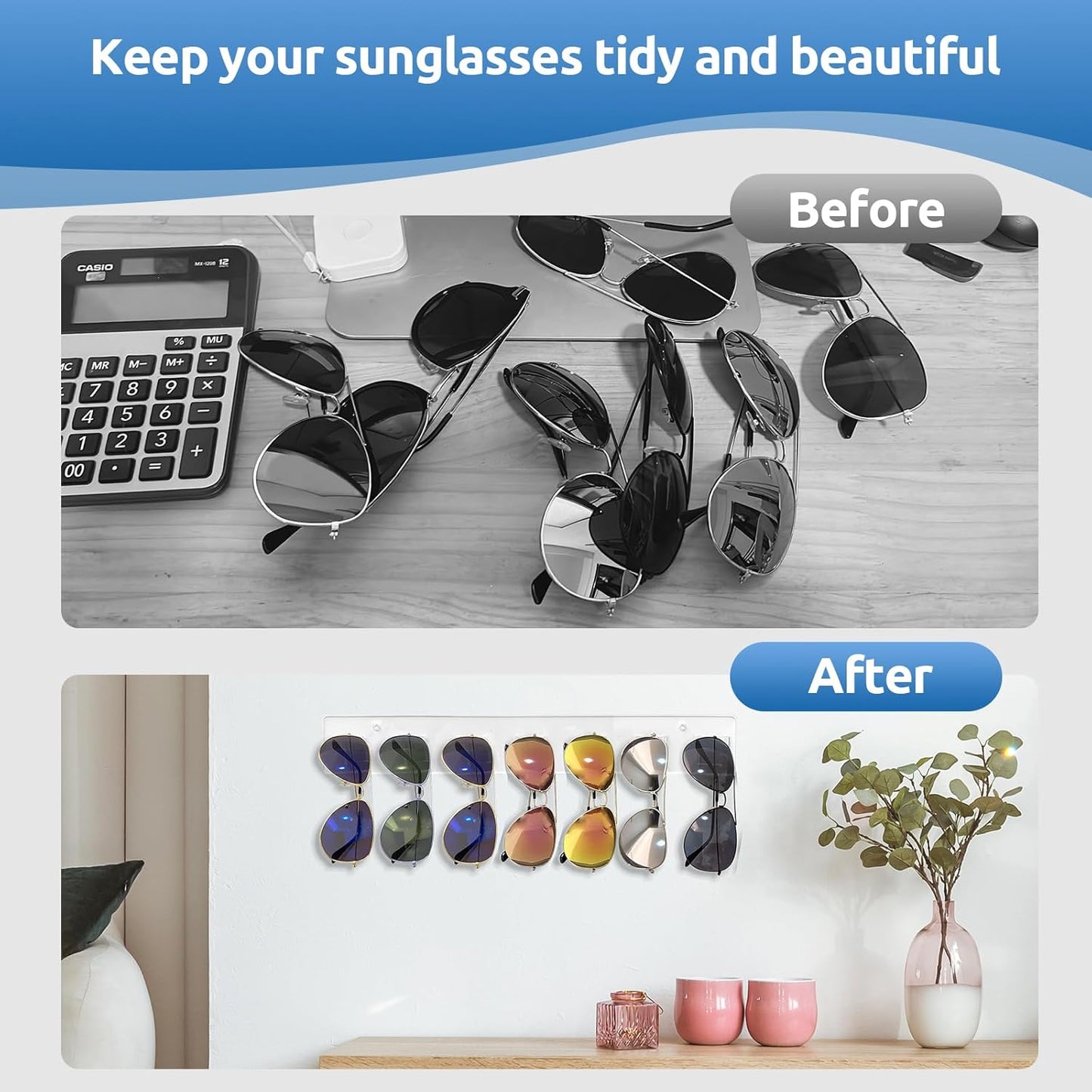 Wall Mounted Sunglasses Organizer Set of 2 Acrylic Rack Holds 14 Glasses No Drill Hanging System Transparent V1258-DP02-BOL-739