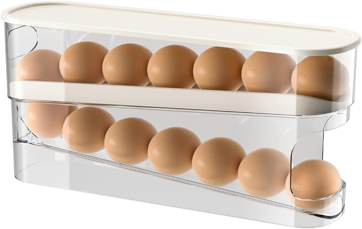 Automatic Rolling Egg Holder 14 Egg Dispenser Plastic Fridge Organizer Double Layer Egg Rack V1258-DP02-BOL-741