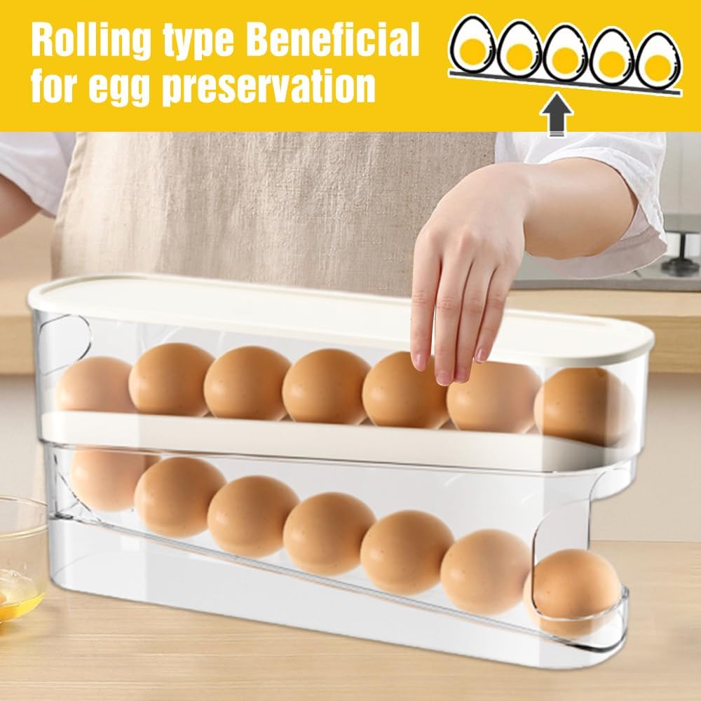 Automatic Rolling Egg Holder 14 Egg Dispenser Plastic Fridge Organizer Double Layer Egg Rack V1258-DP02-BOL-741