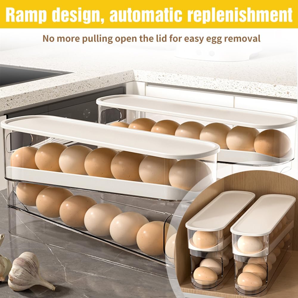 Automatic Rolling Egg Holder 14 Egg Dispenser Plastic Fridge Organizer Double Layer Egg Rack V1258-DP02-BOL-741