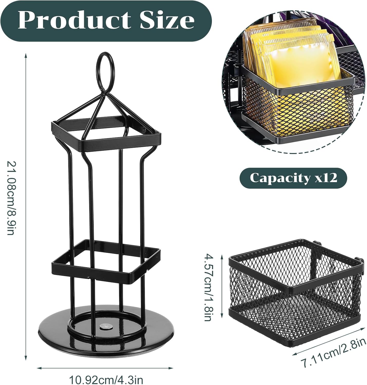 Rotating Tea Bag Organizer for 96 Sachets - Black Metal Revolving Tea Storage Holder - Luxury Kitchen & V1258-DP02-BOL-748