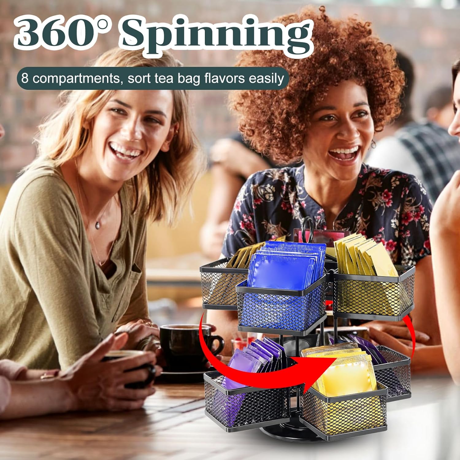 Rotating Tea Bag Organizer for 96 Sachets - Black Metal Revolving Tea Storage Holder - Luxury Kitchen & V1258-DP02-BOL-748