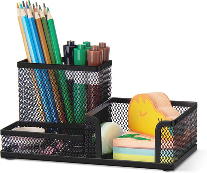 Black 3 Compartment Metal Mesh Pen Holder Desk Organizer for Office and Home Work - 1 Piece V1258-DP02-BOL-753