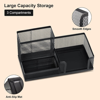 Black 3 Compartment Metal Mesh Pen Holder Desk Organizer for Office and Home Work - 1 Piece V1258-DP02-BOL-753