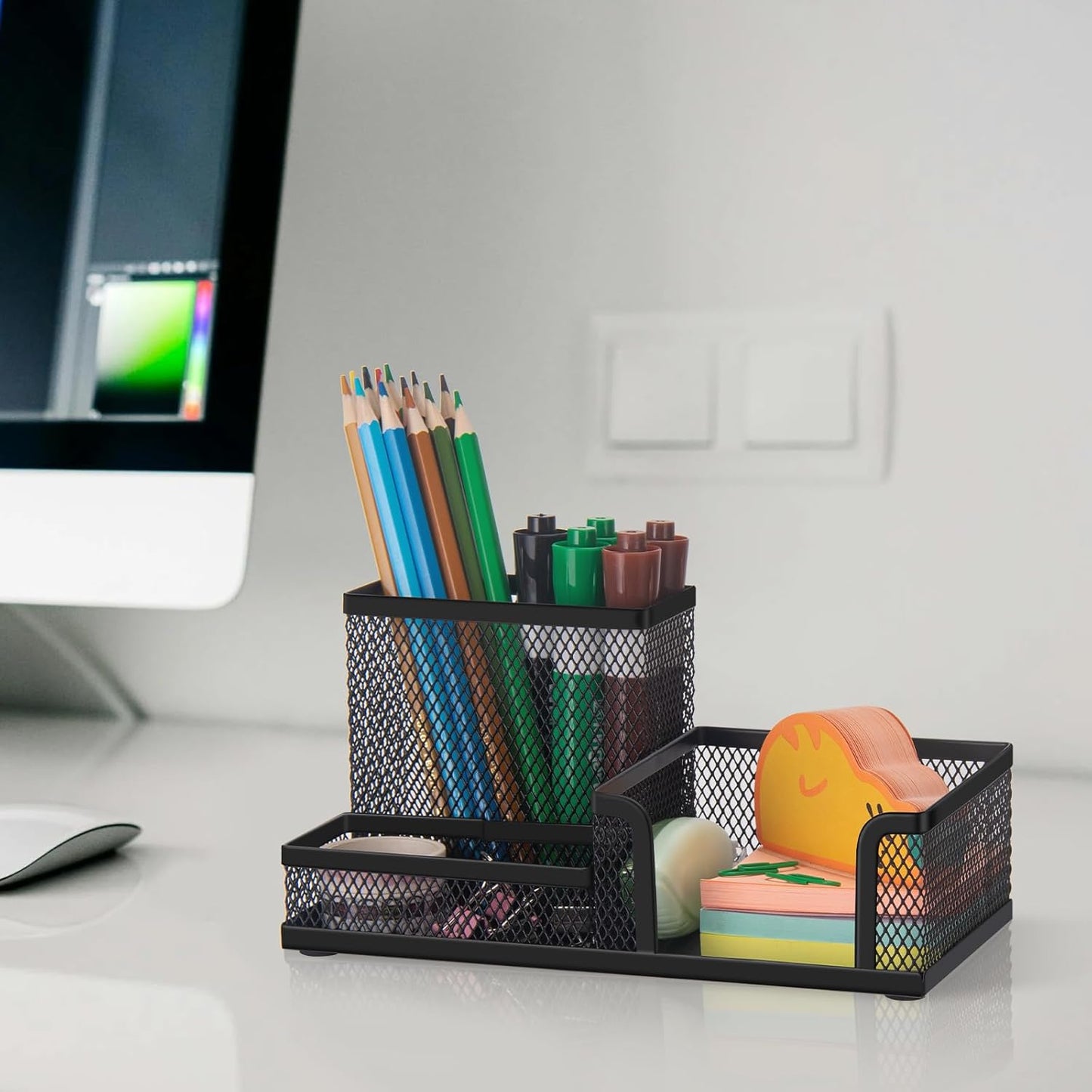 Black 3 Compartment Metal Mesh Pen Holder Desk Organizer for Office and Home Work - 1 Piece V1258-DP02-BOL-753