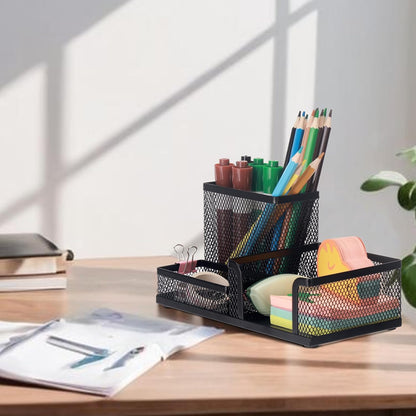 Black 3 Compartment Metal Mesh Pen Holder Desk Organizer for Office and Home Work - 1 Piece V1258-DP02-BOL-753