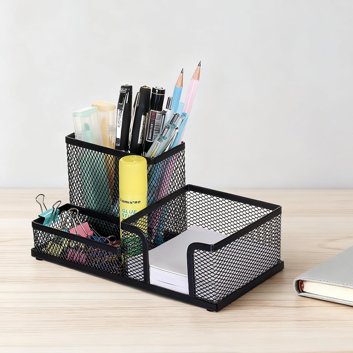 Black 3 Compartment Metal Mesh Pen Holder Desk Organizer for Office and Home Work - 1 Piece V1258-DP02-BOL-753