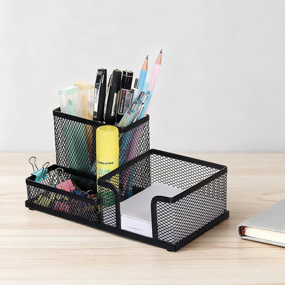 Black 3 Compartment Metal Mesh Pen Holder Desk Organizer for Office and Home Work - 1 Piece V1258-DP02-BOL-753