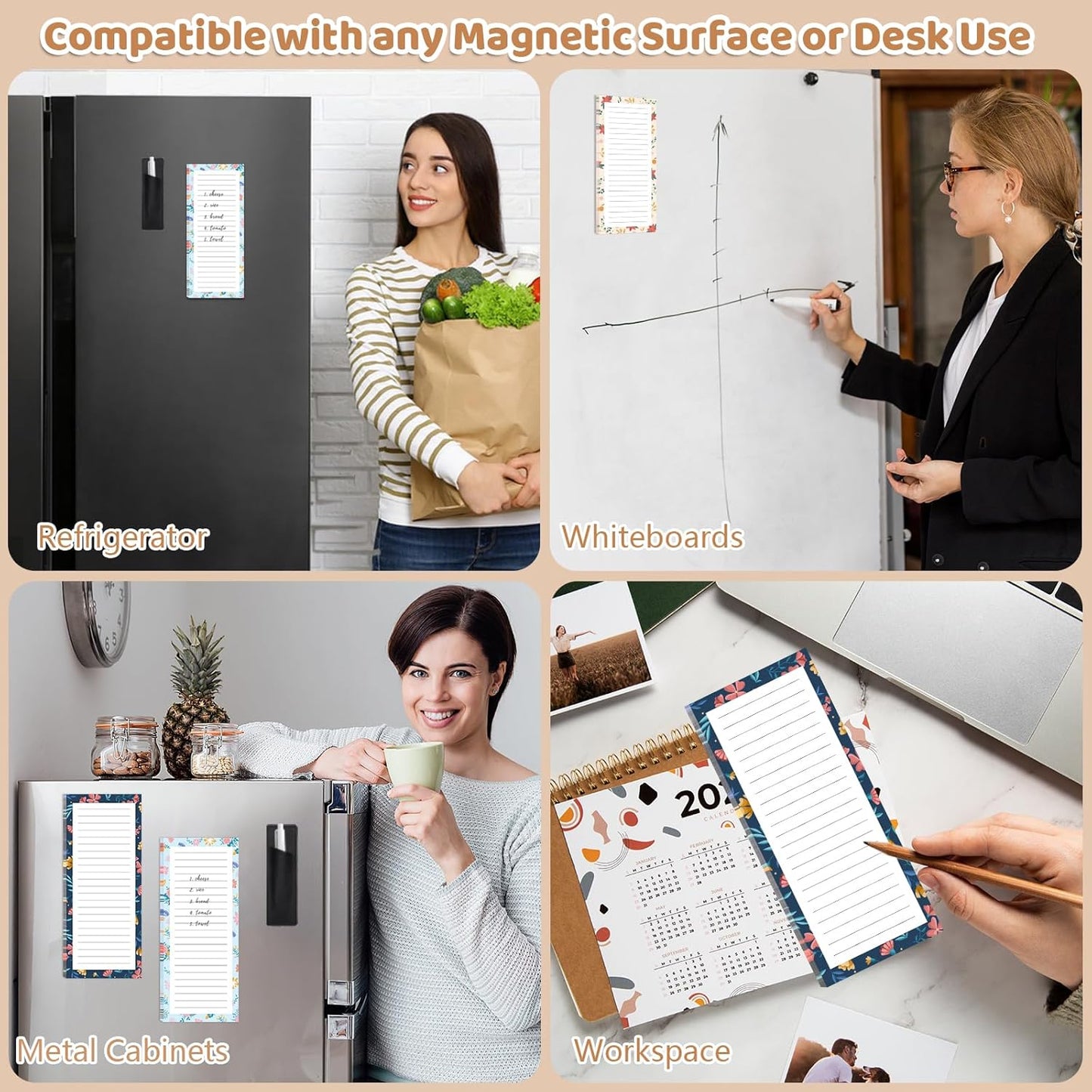 Magnetic Notepads with Pen Holder - 200 Sheets - 4 Pack for Refrigerator - Ideal for Grocery Lists & To-Do V1258-DP02-BOL-754
