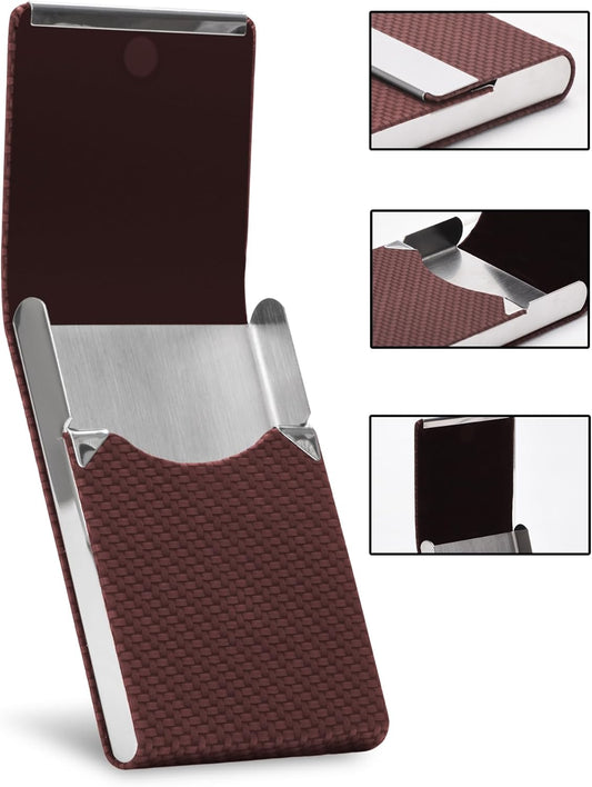 Men's Premium Leather & Stainless Steel Business Card Holder with Magnetic Closure - Brown V1258-DP02-BOL-770