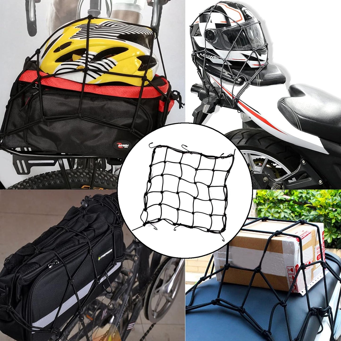 2 Pack 40x40cm Elastic Motorcycle Cargo Net with 6 Anti-Scratch Hooks for Scooter Helmet Storage - Black V1258-DP02-BOL-780