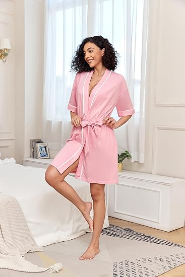 Women's Cotton Bathrobe - Short Sleeve with Pockets & Belt - Breathable Comfort - Lightweight - Pink - XL V1258-DP02-BOL-793
