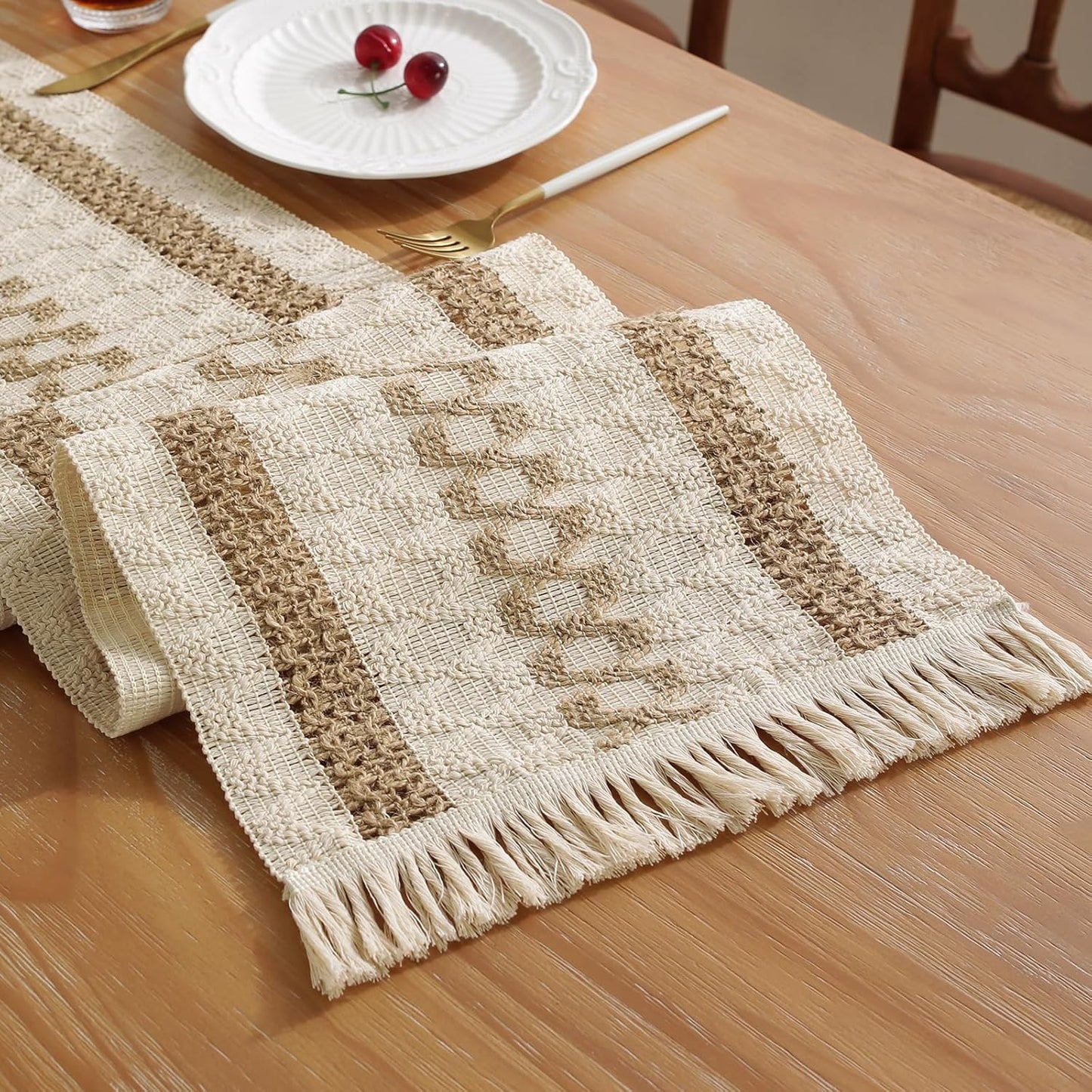 Boho Style Cotton Linen Table Runner 30x180cm Brush Design Durable Brown V1258-DP02-BOL-795