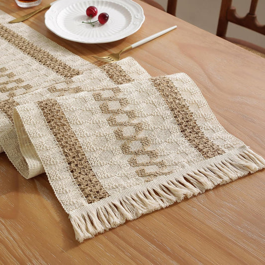 Boho Style Cotton Linen Table Runner 30x180cm Brush Design Durable Brown V1258-DP02-BOL-795