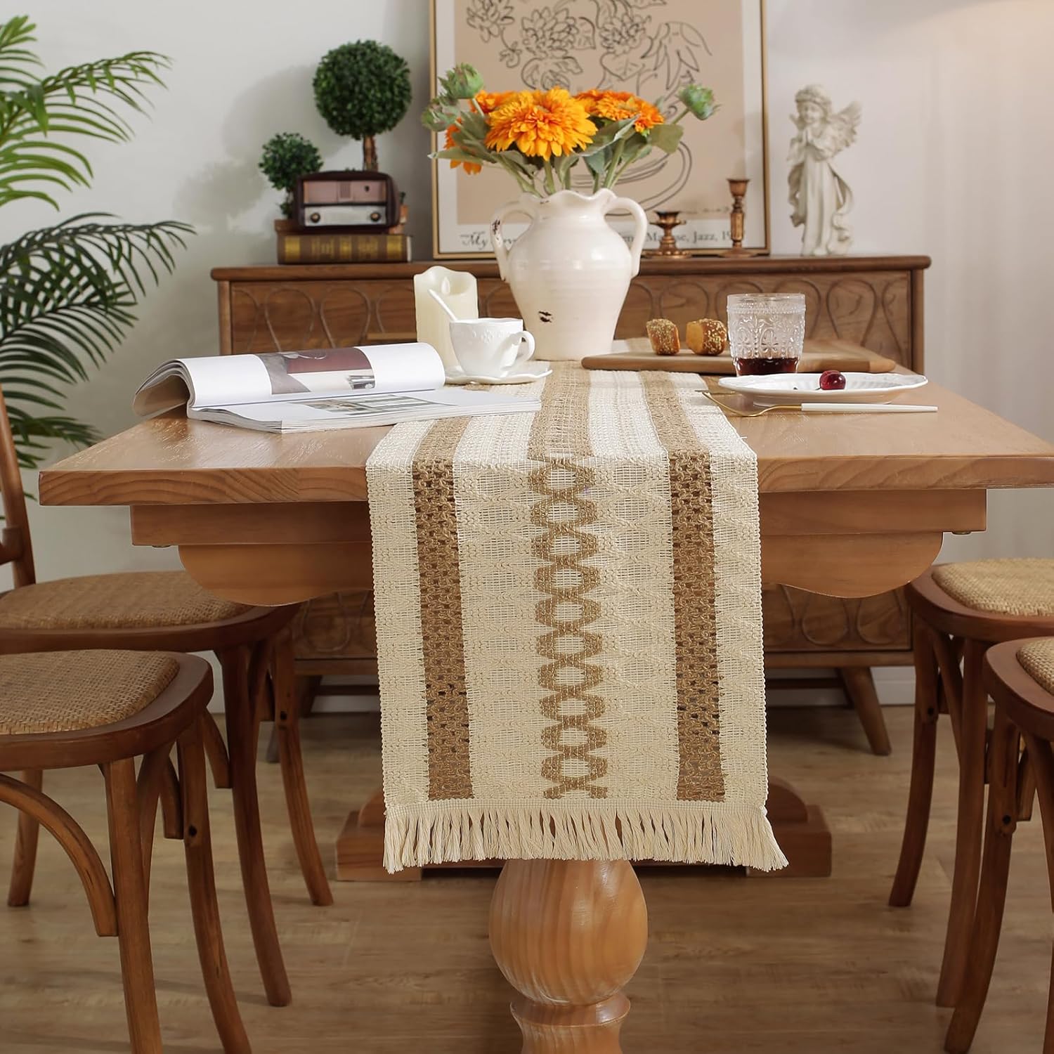 Boho Style Cotton Linen Table Runner 30x180cm Brush Design Durable Brown V1258-DP02-BOL-795
