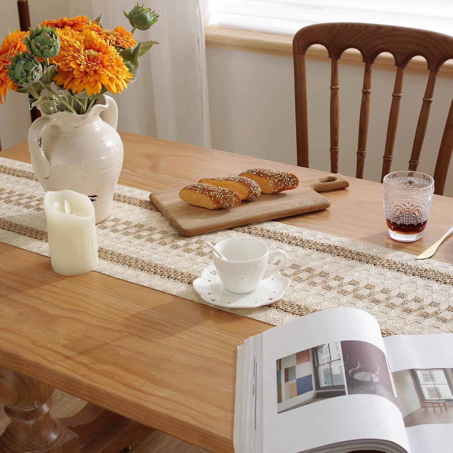 Boho Style Cotton Linen Table Runner 30x180cm Brush Design Durable Brown V1258-DP02-BOL-795