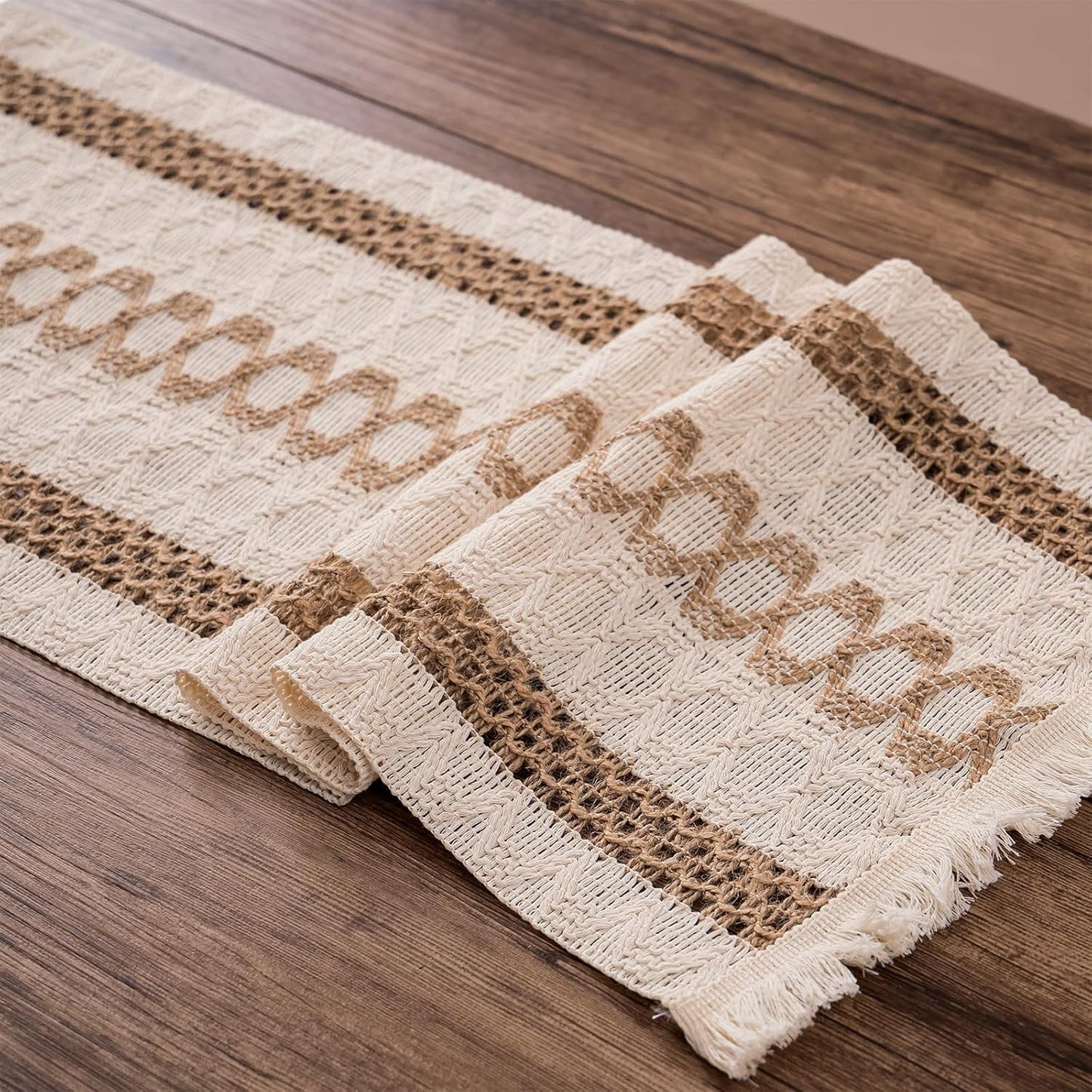 Boho Style Cotton Linen Table Runner 30x180cm Brush Design Durable Brown V1258-DP02-BOL-795