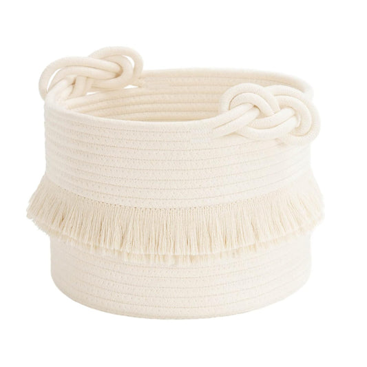 Cotton Storage Basket with Tassels 18x24cm White Decorative Woven Organizer for Bedroom Living Room Kids Room V1258-DP02-BOL-818