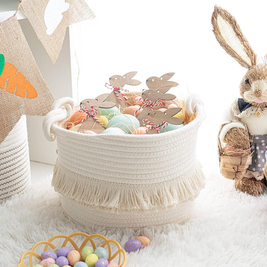 Cotton Storage Basket with Tassels 18x24cm White Decorative Woven Organizer for Bedroom Living Room Kids Room V1258-DP02-BOL-818