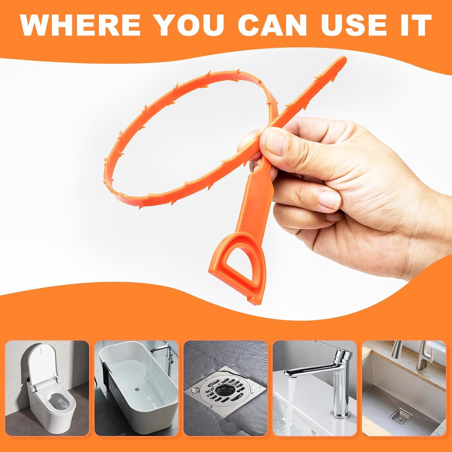 4 Pack Orange Drain Unblocker Flexible Reusable Hooks for Kitchen Bathroom Toilet Sink V1258-DP02-BOL-821