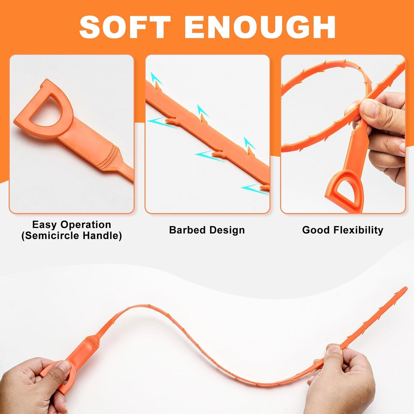 4 Pack Orange Drain Unblocker Flexible Reusable Hooks for Kitchen Bathroom Toilet Sink V1258-DP02-BOL-821
