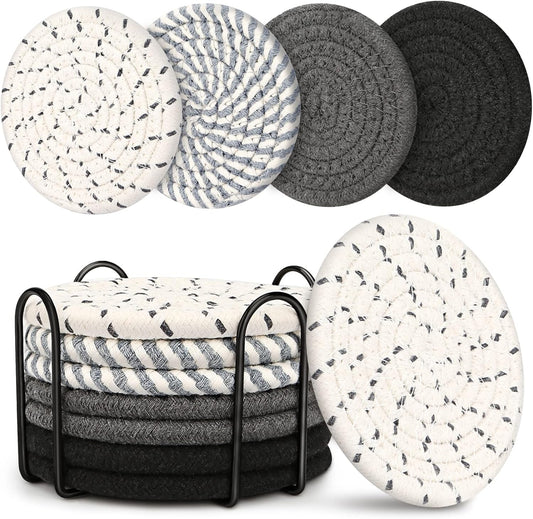 8-Piece Glass Coasters Set with Metal Holder 4 Colors Handmade Cotton Linen Heat Resistant Absorbent Kitchen V1258-DP02-BOL-822