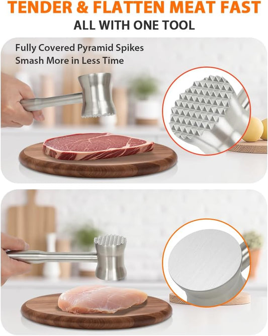 Meat Tenderizer Tool, 304 Stainless Steel Meat Mallet, 0.8lb Heavy Duty, 2 in 1 Meat Pounder for Beef, Steak, V1258-DP02-C-10