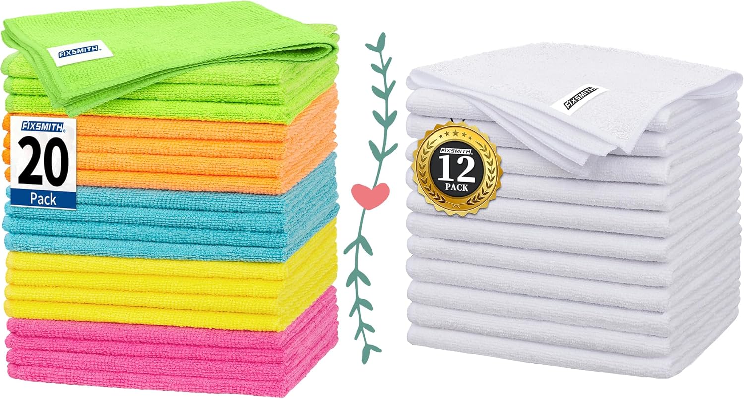 Microfiber Cleaning Cloth, 20 Pack Cleaning Rags& White Microfiber Cleaning Cloth -Pack of 12 V1258-DP02-C-1001
