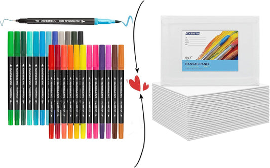 Dual Brush Marker Pens - 24 Colored Art Markers & Painting Canvas Panel Boards - 5x7 Inch Art Canvas,24 Pack V1258-DP02-C-1009