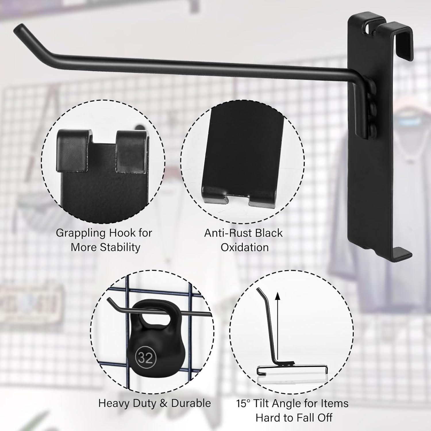 Gridwall Hooks - 4 Inch Heavy Duty Black Display Hooks for Grid Wall Panel Hanging (12Pcs) V1258-DP02-C-1032