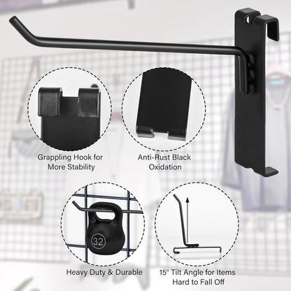 Gridwall Hooks - 4 Inch Heavy Duty Black Display Hooks for Grid Wall Panel Hanging (12Pcs) V1258-DP02-C-1032