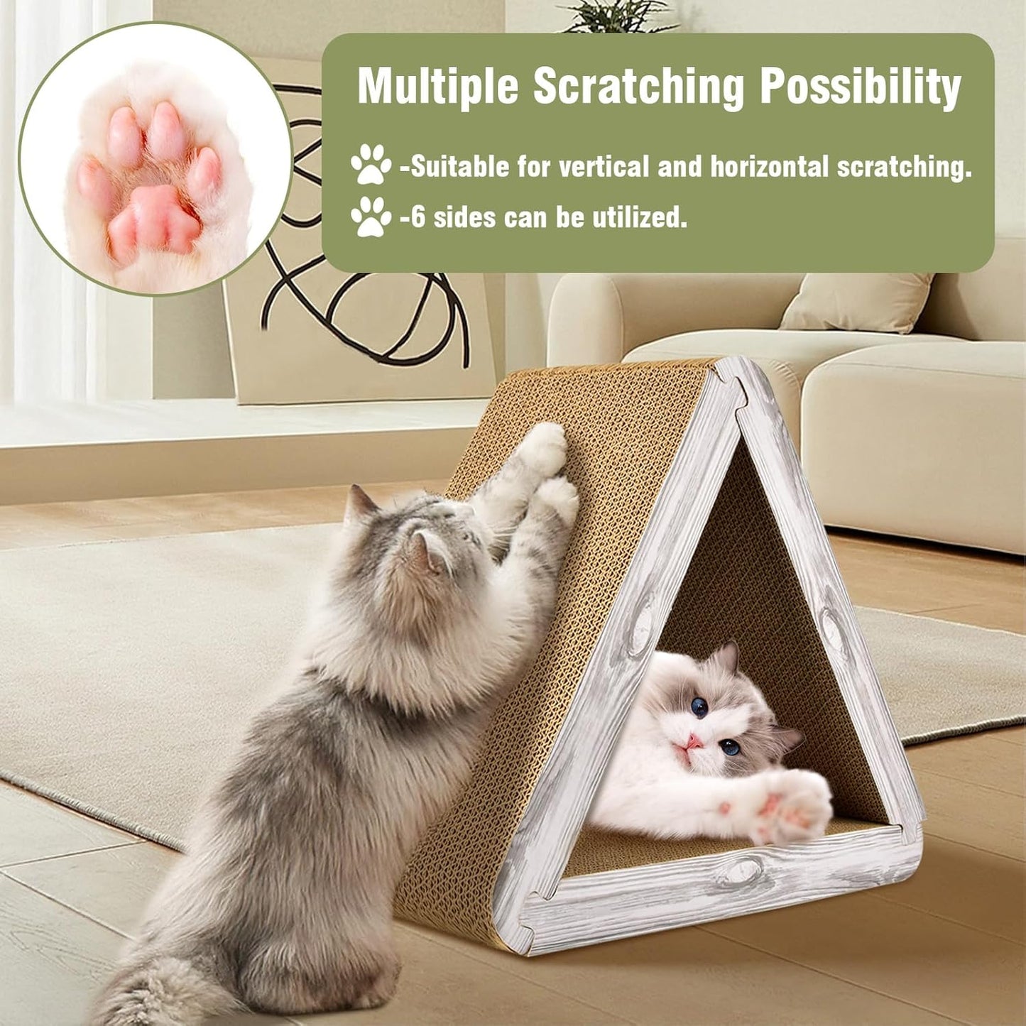 Foldable Triangle Cat Scratcher - 6 Usable Sides Cat Scratcher for Indoor Cats - Vertical Cat Board Pads V1258-DP02-C-1036