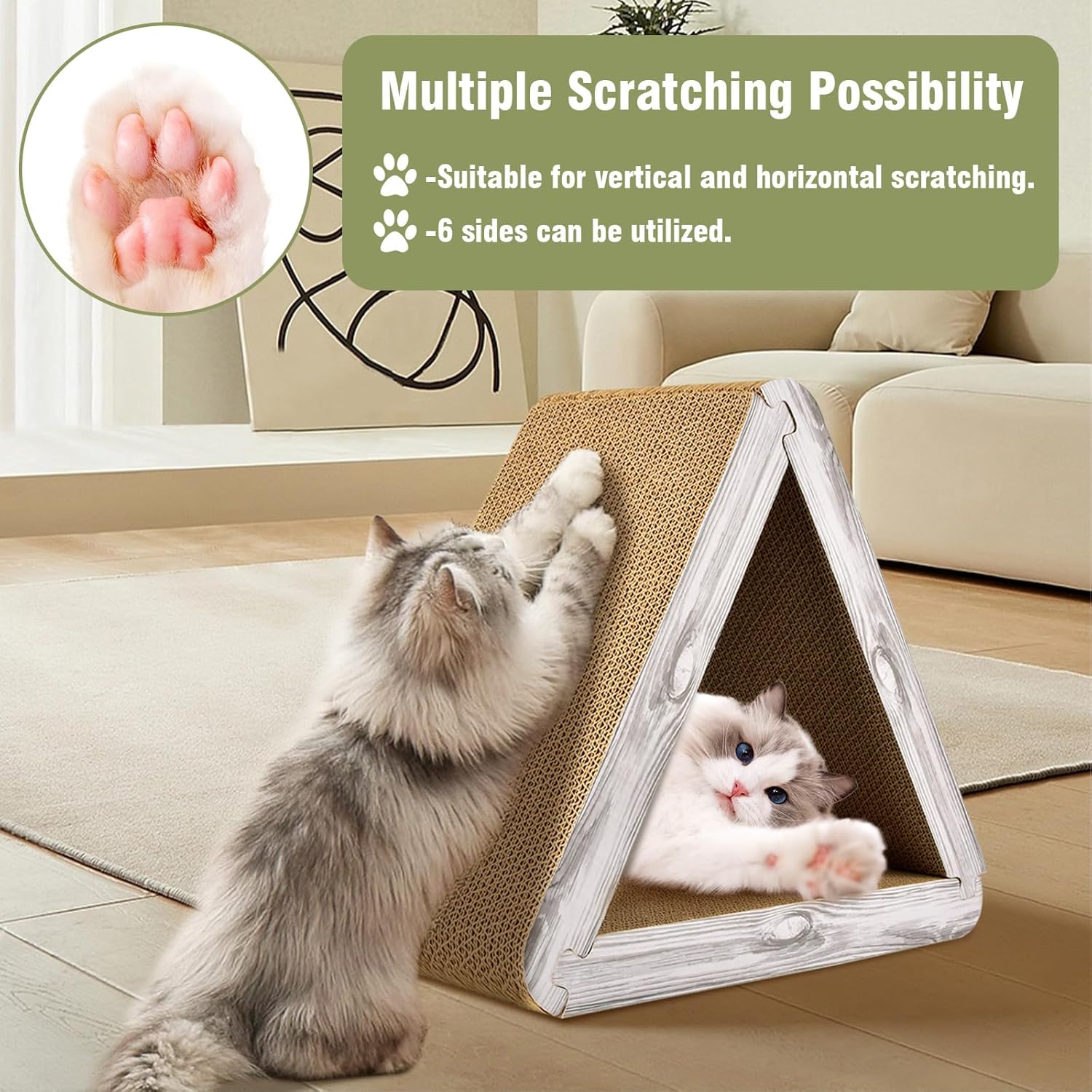 Foldable Triangle Cat Scratcher - 6 Usable Sides Cat Scratcher for Indoor Cats - Vertical Cat Board Pads V1258-DP02-C-1036