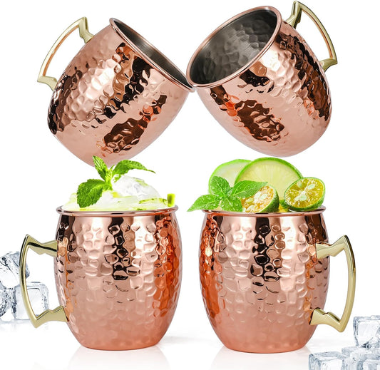 Moscow Mule Mugs Set of 4, 16 OZ Hammered Copper Cups with 304 Stainless Steel Lining and Gold Brass Handles, V1258-DP02-C-104