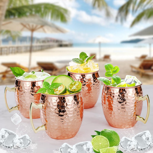 Moscow Mule Mugs Set of 4, 16 OZ Hammered Copper Cups with 304 Stainless Steel Lining and Gold Brass Handles, V1258-DP02-C-104