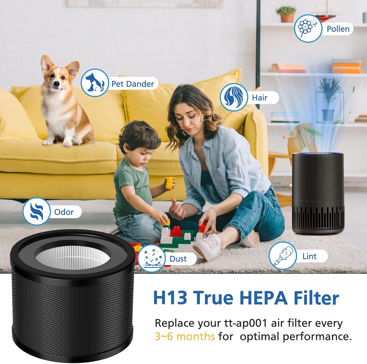2 Pack HEPA Replacement Filter, Compatible with TaoTrics TT-AP001 and VAVA VA-EE014, 3-in-1 HEPA and V1258-DP02-C-1050