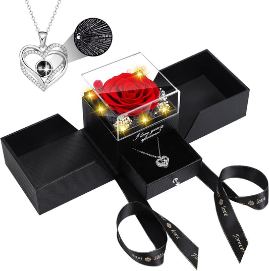 Preserved Red Real Rose Flowers in Box with I Love You in 100 Languages Necklace - Unique Gift for Women Mom V1258-DP02-C-1058