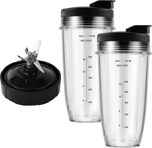 Blender Replacement Parts for Ninja, 24oz Ninja Blender Cups with To-Go Lids, 7 Fins Extractor Blade, V1258-DP02-C-106