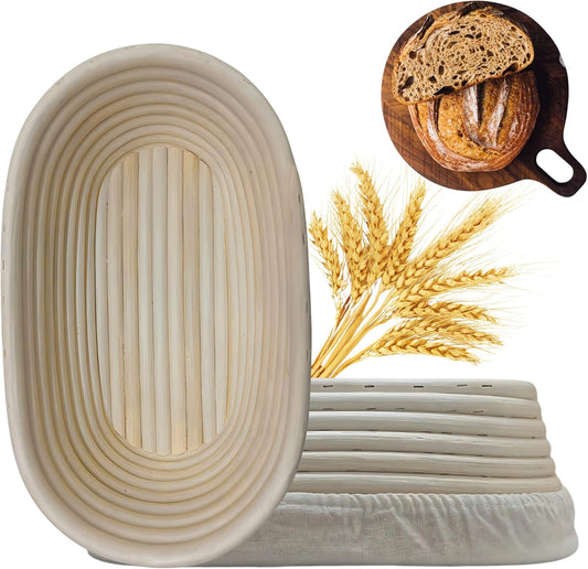 [Upgraded] Bannet Bread Proofing Basket 2 pack 10" Oval With Liner, Natural Rattan Bread Basket Perfect for V1258-DP02-C-1060