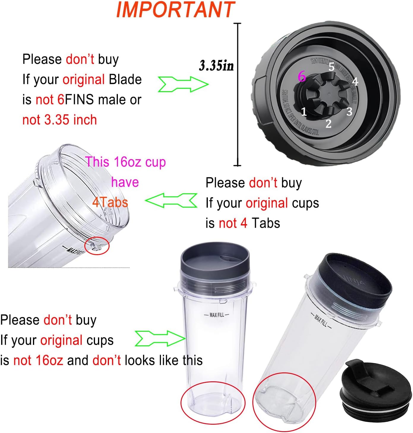Replacement Parts for Nutri Ninja, 6Fin Blender Male Blade and cups Set for Blender BL660 BL770 BL780 BL740 V1258-DP02-C-1063