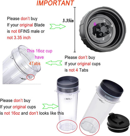 Replacement Parts for Nutri Ninja, 6Fin Blender Male Blade and cups Set for Blender BL660 BL770 BL780 BL740 V1258-DP02-C-1063